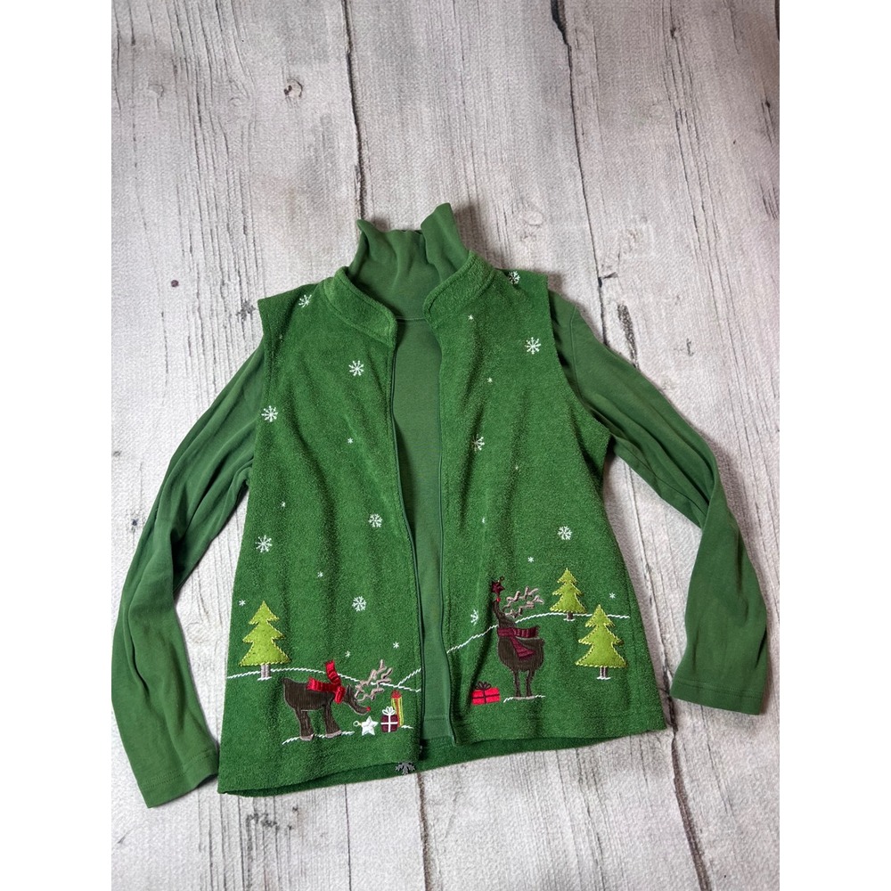 Blair Vintage‎ Christmas Vest and Turtleneck Set Womens Medium Green Reindeer